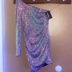 Fashion Nova Size Small Sequin Color Off Shoulder, Slit Short Dress with Zipper